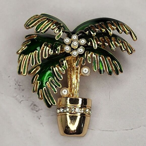 other | Jewelry | Coconut Palm Tree Brooch Faux Pearl Rhinestone And ...